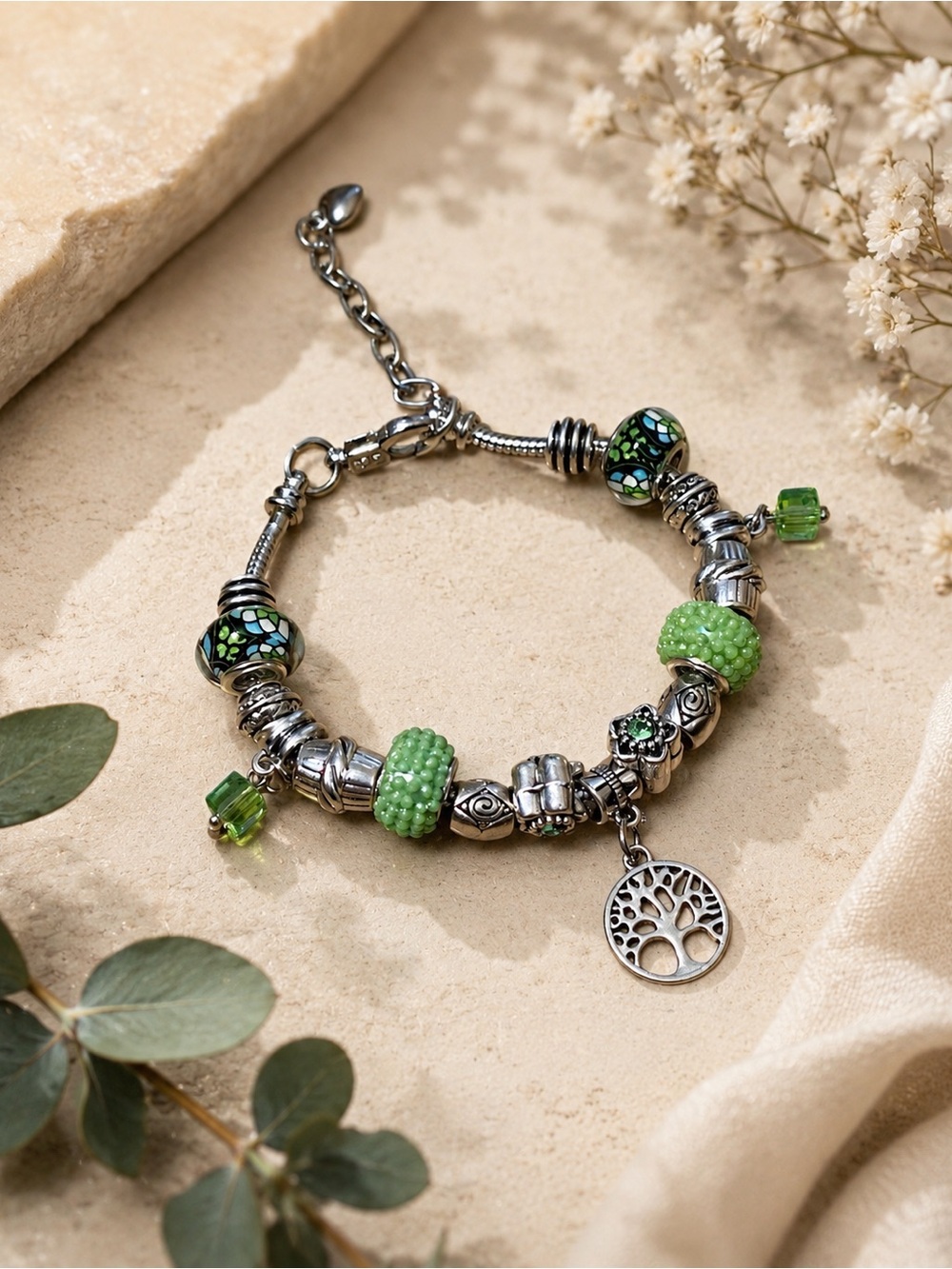 Handmade Women's Silver Tone Tree of Life Charm Bracelet with Green Beads